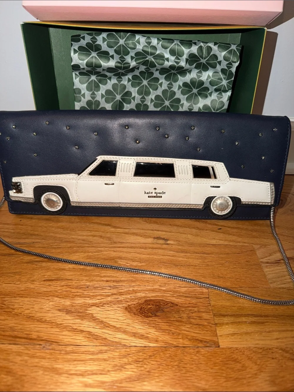 kate spade navy leather clutch with white limo applique and silver studs